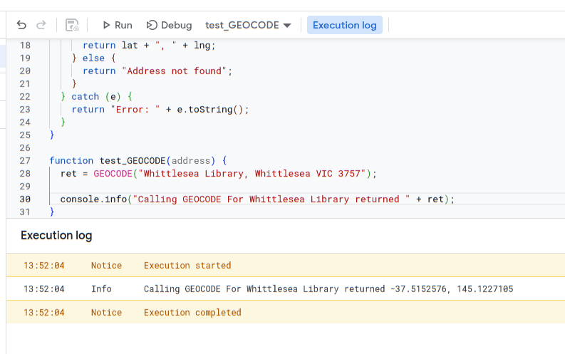 Calling `GEOCODE` from App Script