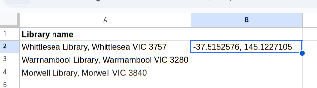 Result of calling `GEOCODE` from the sheet